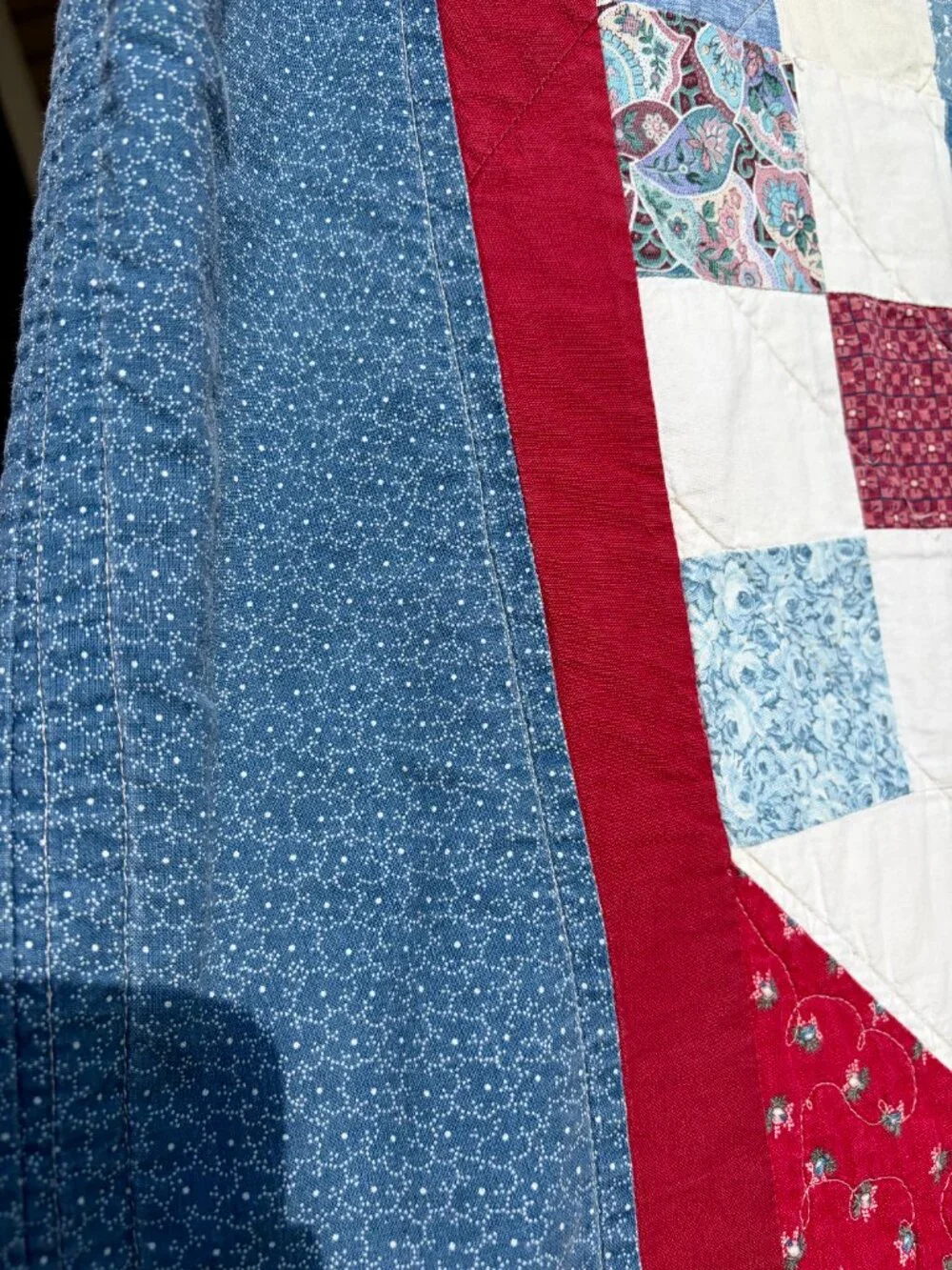 Vintage Red, White & Blue 9-Block Patchwork Quilt – Machine Stitched – 70